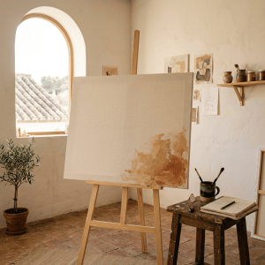 Sunlit artist studio with easel, unfinished painting, tools, and potted olive tree