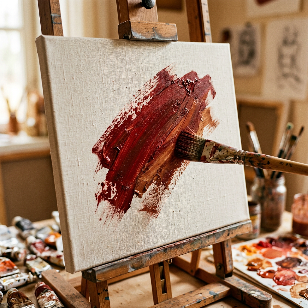 Paintbrush applying red and brown paint to a canvas on an easel