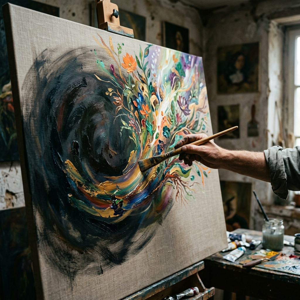 Artist applying paint to a colorful floral abstract painting on an easel